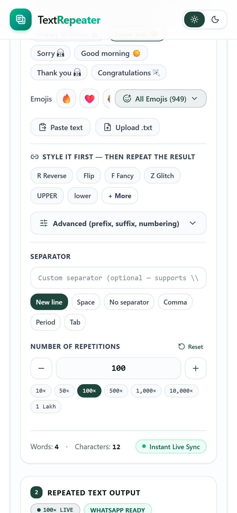 Text Repeater repetition count controls set to 100x with New line separator selected on mobile