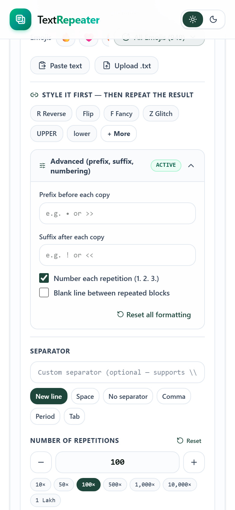 Text Repeater advanced settings drawer with sequential numbering enabled, Unicode font styles, and prefix suffix controls on mobile
