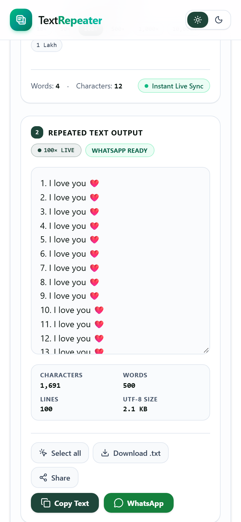 Text Repeater live output panel displaying 100 repetitions of I love you with live stats and WhatsApp Ready badge